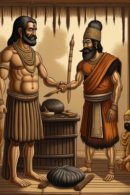 A Indian blacksmith with a Indian king standing in front of him and a bag of sandalwood on one side, the king pointing towards the Bag.