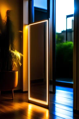 Vertically rectangular standing mirror with white led lights around it. With a sunny background. THere should be nothing in the reflection of the mirror
