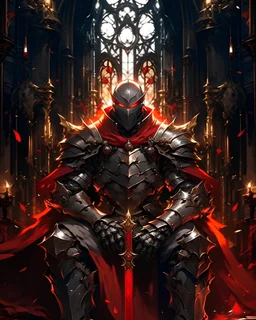 silver and gold armor with glowing red eyes, and a ghostly red flowing cape, crimson trim flows throughout the armor, the helmet is fully covering the face, black and red spikes erupt from the shoulder pads, crimson and gold angel like wings are erupting from the back, crimson hair coming out the helmet, spikes erupting from the shoulder pads and gauntlets