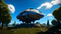 Small, sleek cargo spaceship, built like a teardrop, landing in an empty ruined alien street, blue sky, foliage