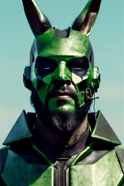 Medium Close Up Portrait, Front image. cyborg, cyberpunk, rabbit mask, strong man, long hair and beard. latex suit army. Green, black, color. camouflage style. Color background, photo studio. highly detailed, concept art, smooth, unreal engine 5, ray tracing, RTX, lumen lighting, ultra detail, volumetric lighting, 3d, finely drawn, high definition, high resolution.