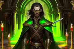 full length, mantle, background dark hall with columns, black cloth, holding a spear in his hand, dark green eyes, the character is not too close to the camera