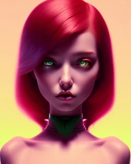 isometric art of a short devil girl with deep red hair and green eyes, soft lighting, complimentary pastel gradients, high definition, 3d icon clay render, blender 3d