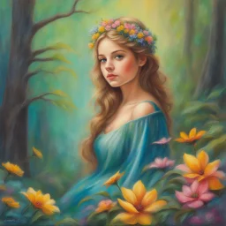 Oil pastel painting of a beautiful girl, fantasy, dream, forest, glitter background, beautiful, oil pastel painting, fantasy art, fairy, young girl, beautiful portrait painting, flowers, colorful, inspired by Thomas Kinkade, fine art, 8k