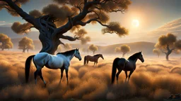 An endless steppe. Hills covered in ancient white oaks. a distant band of beautiful horses. fantasy concept art, exquisite realism, a masterpiece, dynamic lighting, hyperdetailed, intricately detailed, deep color, Unreal Engine, volumetric lighting , Epic cinematic brilliant stunning intricate meticulously detailed dramatic atmospheric maximal,