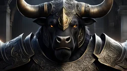 (realistic:1.3), poster,intricate details,painting \(artwork\), ((masterpiece,best quality)), ((cinematic light)), bull,hybrid,hyperealistic, scary, dark fantasy \(style\), detailed armor, detailed helmet