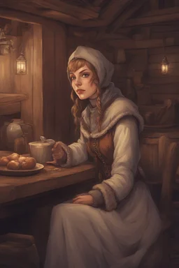 DnD style, medieval beautiful woman dressed in warm winter clothes sitting in a tavern