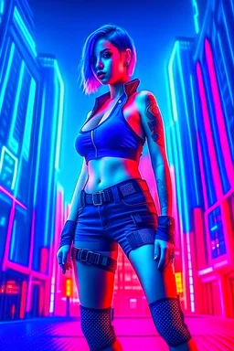 Fit cyberpunk woman with large bust and abs wearing shorts, full body, cyberpunk city background