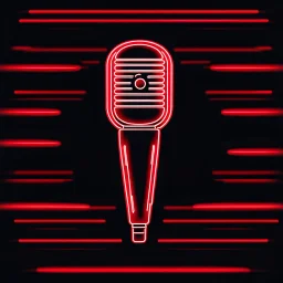 Outline logo of a #microphone, #neon red lines, glowing, flat design, #deep blue background color