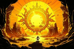A yellow light realm kingdom with a sun designed in cave paintings