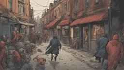 Creatures from 'Fiend without a face' chasing a woman down a street, detailed design, deep colour