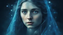 Old canvas, Portrait of a Medieval beautiful sad woman 20 years old, double exposure, fantasy, mysticism, night, fog, blue, loose hair, sparkles, fireflies, fine rendering, bright colors, high resolution, 3D, clear lines, photorealism,