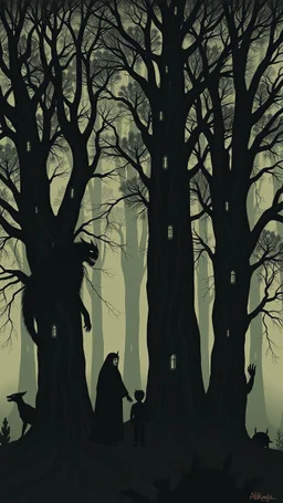 trees and black creatures with human figures