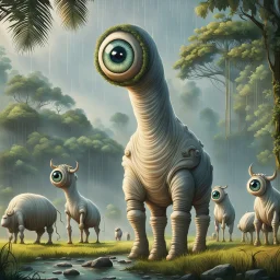 far in the distance five very big cute-crepy weird creatures stand on four legs with one giant eye , without ears , with big cow udders between their legs, peacefully grazing the grass, in the background there is a jungle, rain, realistic, detailed, sci-fi, fantasy, cinematic