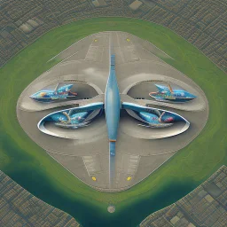 Vista aérea simétrica de un aeropuerto en forma de mariposa, espectacular, impactante, calidad ultra, maximalista, 8k 3D