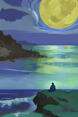 Imagine a painting in van gogh style “A man with blue raincoat sitting on the edge of a cliff by the ocean and looking at the moon”