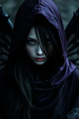 portrait a dark fairy with a pale face, long dark hair lookin at the camrea, in a dark purple shiny black hooded cloak, suggestive deep dark gaze, impressive, perfect, cold beauty with dark wings, dark, sad, gothic mood, atmospheric, smoke, high detalied, high realistic, photorealistic