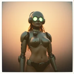 steampunk, vintage analog polaroid of a woman robot, sexy female body, fog, lomography, heavy film grain, sunset, color bleed, depth of field, bokeh, retro,