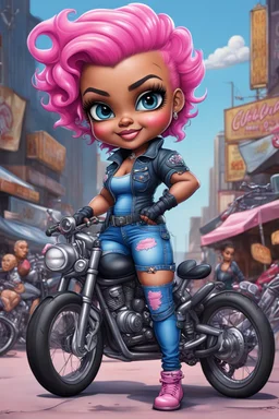 airbrush illustration of the chibi cartoon character, a voluptuous black female in a blue jean outfit with biker boots. Her prominent makeup and hazel eyes, along with her detailed pink pixie haircut, are featured in this image, set against the background of a lively bike show.