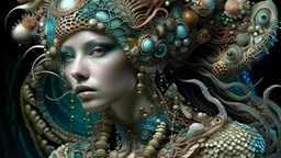 Beautiful young faced meemaid bioluminescense cyber punk shamanism filigree lace embossed sea shell and sea creatures ornate costume, adorned gothica decadent sea creatures, sea snail Shell coralls headdress and ribbed with coralls flower and seapearls costume organic bio spinal ribbed detail of under water gothica floral sea shell embossed extremely detailed voidcore shamanism style maximálist hyperrealistic uder water sea concept árt portrait