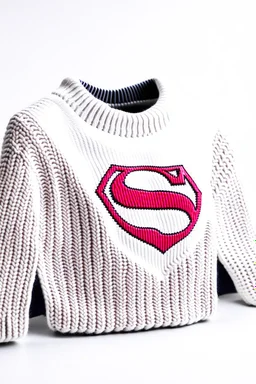 Superman's Balenciaga sweater Winter elegant inspired by Superman's Big emblem design white tones with dual color on a white background, product catalog photography, soft spot lighting, depth of field, 4k –ar 3:5 –q 2