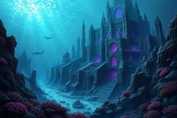 fantasy art of an evil underwater city with ruins deep in the ocean at the bottom of the sea. dark deep blue and violet city and coral reef