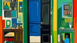 In Romare Bearden's work, a room with a door, window, and mirror serves as a metaphor for transition and reflection, inviting viewers to explore themes of memory, identity, and imagination.