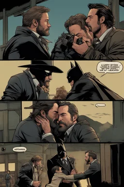 Arthur Morgan kissing Batman while Ben affleck jumps onto John Wick.