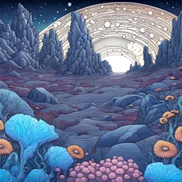 Colourful, scifi, night sky filled with galaxies and stars, rock formations with fossils, flowers, one-line drawing, sharp focus, 8k, deep 3d field, intricate, ornate