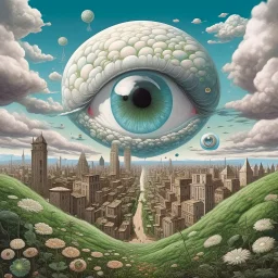 A surrealistic landscape of a dreamlike world. There's a giant eye with a tiny person standing on its iris. The eye is surrounded by clouds. In the background, there's a city with buildings that resemble teeth. The ground is covered with small, white flowers.