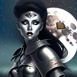 black hair lady warrior top with blade under the Moon