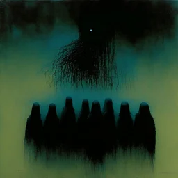 malignancy of nightmares as faceless heads on the Human Misery scale, Style by Zdzislaw Beksinski and Stephen Gammell and Victor Pasmore, dark colors, nightmarish atmosphere, dynamic composition, based on the imagery of Zdzislaw Beksinski