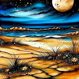 Alcohol ink art with thin black and gold lines at boundaries. Hyper realism, Fantasy, Surrealism, HD, Detailed. Centered. Shades of white, gold, tan, and deep blue. A beach with wild beach grass. Very large full moon on horizon. Reflection. Waves splashing. Seashell. The sky filled with the cosmic wonder of the Milkyway. Starlit night.