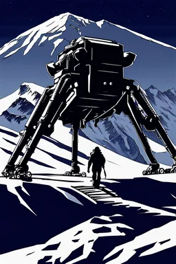 a minimalist silhouette of a sleek mechanical walker with eight legs scaling a very steep snow covered side of mout everest at night, it has a smooth surface, it has storage pods on its belly and humans can fit in the pods