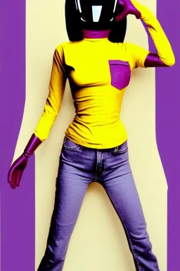 Photograph of a woman. Low waist jeans, baggy, 1996,1997,1998!Big serigraph print of a plant on denim,terracotta,cream,purple,lilac. Cream colored latex parts. imperial yellow, red plum stripes, only on the top half of t-shirt. European daft punk woman. Mantle is sewed of recycled Denim and sewed together of recycled polymer felt. lace, Yellow(Munsell) areas. hint of orange as effect color!!Big bright purple/khaki felt tippet and cream or blue or lilac colored-hood. mantle is merged with cobalt