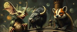 gremlin dog bison badger star ship captain in the style of Rembrandt and Escher