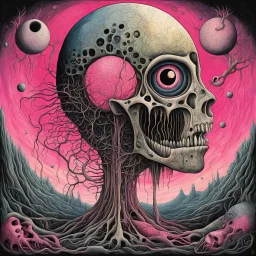 embryonic moon gloom, strange gurgling whisper low, morbid, surrealism, creepy, artistic, by Wotto, by Zio Ziegler, bright vivid colors, cel shaded, existential angst, sharp focus, sinister, abstractions, pink Floyd album cover art