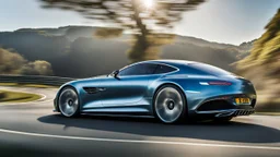A sleek with livery (((mercedes bentley))), its contours and details perfectly captured in a (((cinematic view))), zipping along a winding road under a beautiful blue fresh morning sky