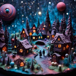 Detailed creepy landscape made of modeling clay, people, village, stars and planets, naïve, Tim Burton, strong texture, extreme detail, Max Ernst, decal, rich moody colors, sparkles, bokeh