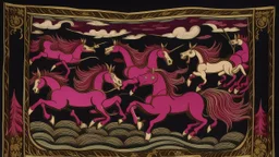 A dark magenta domain with winged unicorns designed in Bayeux tapestry painted by Giovanni Battista Sassi