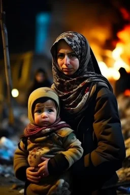 Palestinian girl wears Palestinian keffiyeh Carrying a nude small child ,at winter , Destroyed Buildings , with a Explosions, at night