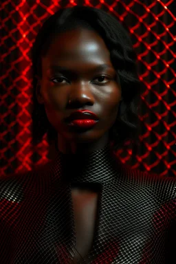 Tall darkskinned woman in black suit, red lips, 16K, image photographic, and behind teh woman a tangle of mesh in the background