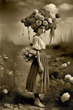 young woman, blouse and skirt, thin black bow under the neck of the blouse, huge bouquet of flowers on her head, full body, in a 16K wasteland, toned in sepia, estilo Bansky, profile view, the flowers cover his head