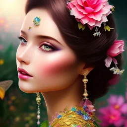 bright fairy, beautiful portrait, flowery landscape