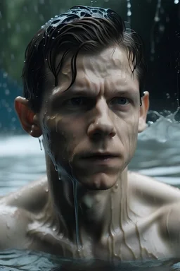 young tom holland, zoom out, shirtless, face covered in water