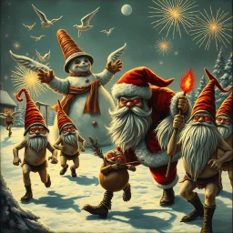 there is no kebabs at christmas, evil Santa, evil naked gnomes running around, staring flaming eyes, evil naked Rudolf, very big evil melting angry Frosty the snowman in background, 1940 christmas postcard, Flying angels, fireworks, Tim burton style