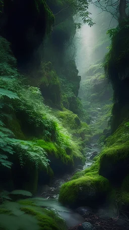 Gorgeous narrow mountain crevice mossy and overgrown with vines, wet rocks and dark mist rising