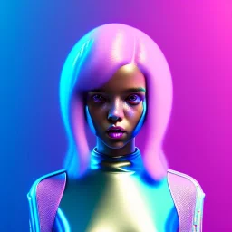 black woman teenager, few freckles, padded coat, retro futuristic, latex dress, gradient color, BLUE, PINK, CYAN, neon, insanely detailed, 16k resolution, perfect eyes, cinematic smooth, intricate detail