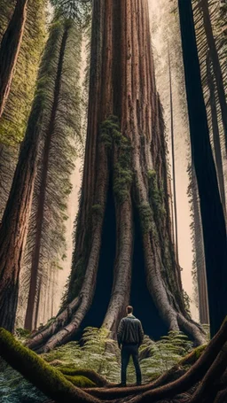 man standing in forest landscape looking at huge tree