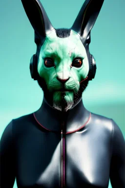 Medium Close Up Portrait, Front image. cyberpunk, rabbit mask, sweet woman, black hair and beard. latex suit army. White, black, yellow, color. Cyborg style. Color background, photo studio. Avatar image, highly detailed, concept art, smooth, unreal engine 5, ray tracing, RTX, lumen lighting, ultra detail, volumetric lighting, 3d, finely drawn, high definition, high resolution.